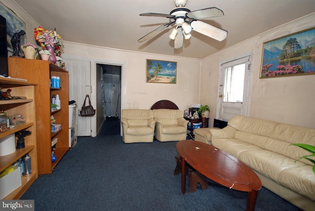 33 Adeline St, Trenton, NJ 08611 - carpeted living room with ceiling fan and ornamental molding
