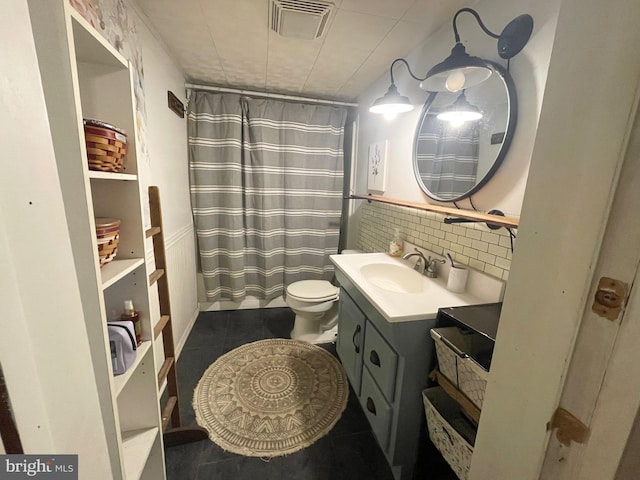 4306 National Pike, Markleysburg, PA 15459 - full bathroom with vanity, tile patterned floors, toilet, wainscoting, and curtained shower
