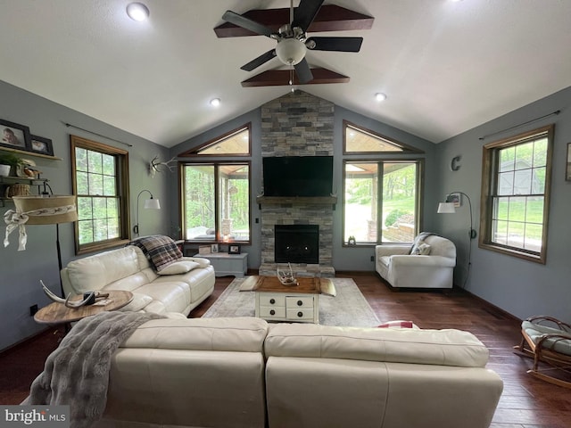 4306 National Pike, Markleysburg, PA 15459 - living area with a ceiling fan, wood finished floors, vaulted ceiling, a fireplace, and recessed lighting