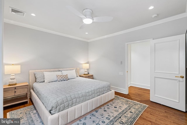 1901 Walnut St Unit 20E, Philadelphia, PA 19103 - bedroom with ornamental molding, wood finished floors, baseboards, recessed lighting, and a ceiling fan