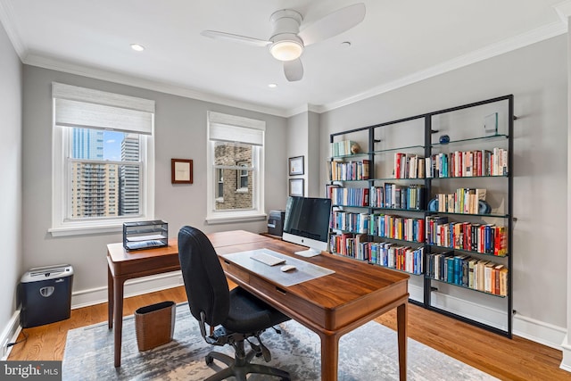 1901 Walnut St Unit 20E, Philadelphia, PA 19103 - office area with ceiling fan, wood finished floors, baseboards, ornamental molding, and recessed lighting