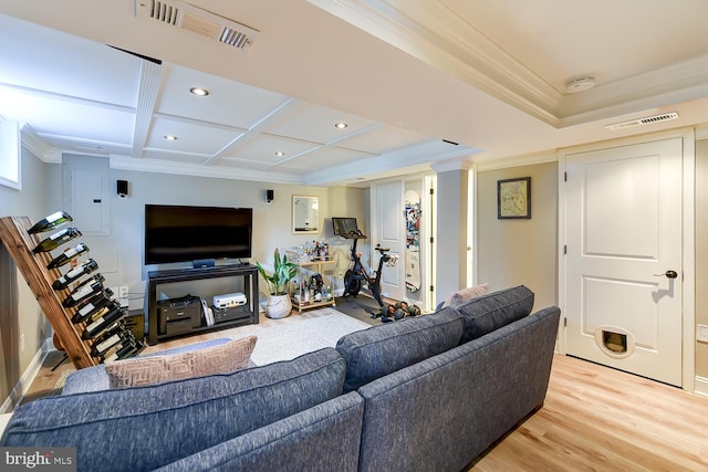 3819 14th St S, Arlington, VA 22204 - living room with ornamental molding, light wood-style flooring, coffered ceiling, recessed lighting, and ornate columns