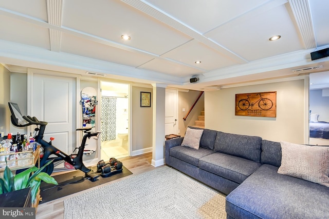 3819 14th St S, Arlington, VA 22204 - living area featuring coffered ceiling, stairway, wood finished floors, recessed lighting, and baseboards