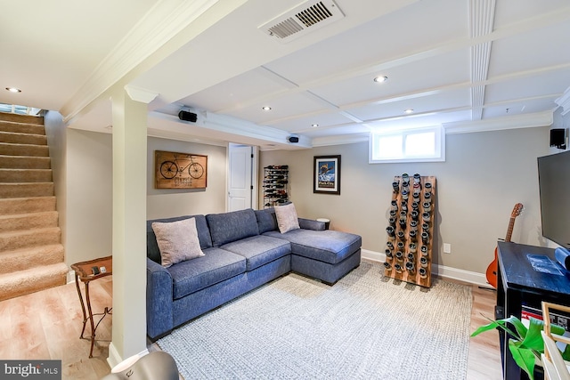 3819 14th St S, Arlington, VA 22204 - living area with light wood-style floors, stairs, recessed lighting, coffered ceiling, and baseboards