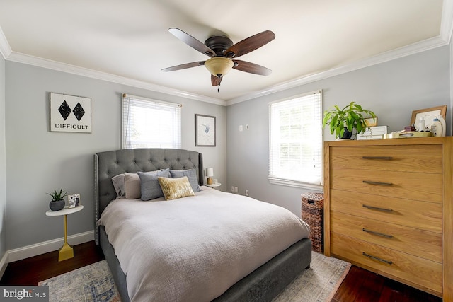 3819 14th St S, Arlington, VA 22204 - bedroom with ornamental molding, multiple windows, dark wood-style flooring, baseboards, and a ceiling fan