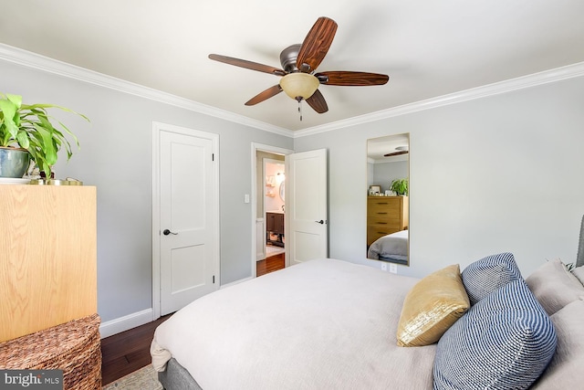 3819 14th St S, Arlington, VA 22204 - bedroom with ornamental molding, dark wood finished floors, baseboards, and a ceiling fan