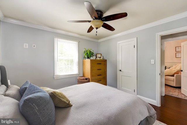 3819 14th St S, Arlington, VA 22204 - bedroom with ornamental molding, dark wood-style flooring, baseboards, and ceiling fan