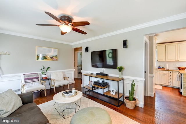 3819 14th St S, Arlington, VA 22204 - living area with ceiling fan, wood finished floors, ornamental molding, and wainscoting
