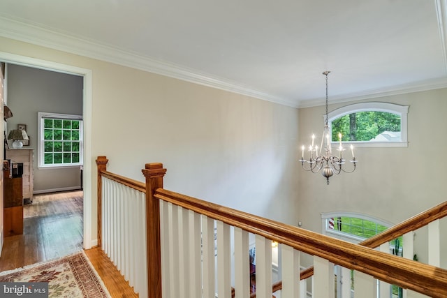 4510 Fish Hawk Ct, Chesapeake Beach, MD 20732 - hall featuring a chandelier, light wood finished floors, crown molding, and an upstairs landing