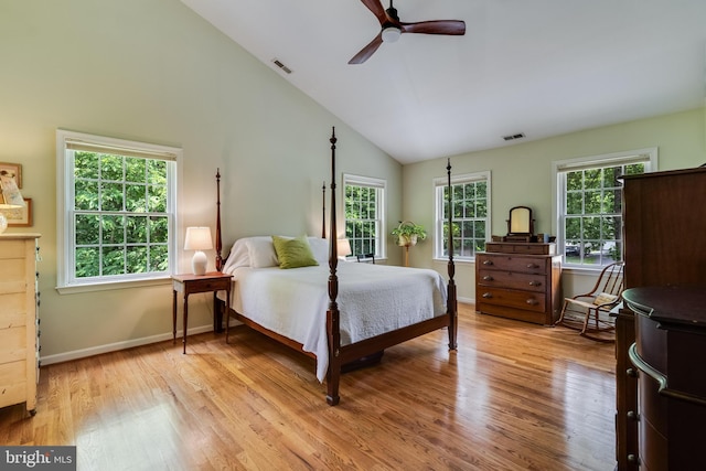 4510 Fish Hawk Ct, Chesapeake Beach, MD 20732 - bedroom featuring light wood-style flooring, high vaulted ceiling, and ceiling fan