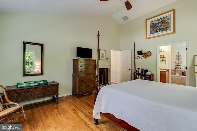 4510 Fish Hawk Ct, Chesapeake Beach, MD 20732 - bedroom featuring high vaulted ceiling, light wood-style flooring, connected bathroom, and a ceiling fan