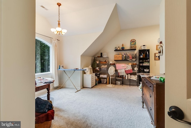 4510 Fish Hawk Ct, Chesapeake Beach, MD 20732 - carpeted office with lofted ceiling and a chandelier