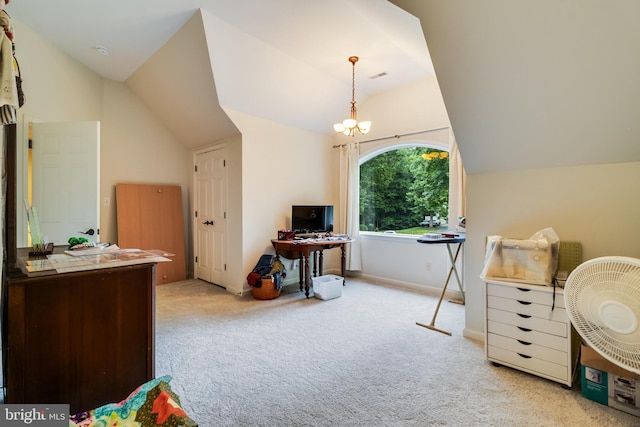 4510 Fish Hawk Ct, Chesapeake Beach, MD 20732 - bedroom featuring lofted ceiling, carpet, and a chandelier