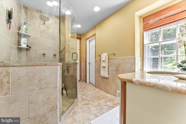 716 Old Gulph Rd, Bryn Mawr, PA 19010 - full bath with tile walls, a stall shower, vanity, recessed lighting, and wainscoting
