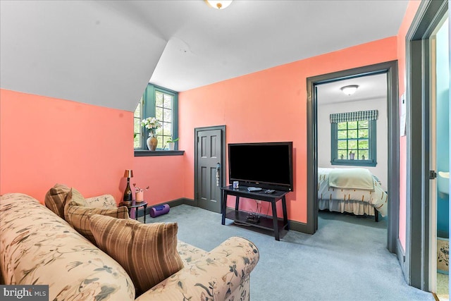716 Old Gulph Rd, Bryn Mawr, PA 19010 - carpeted living area with baseboards and vaulted ceiling