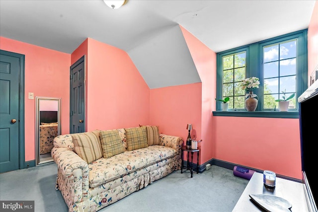716 Old Gulph Rd, Bryn Mawr, PA 19010 - living room featuring lofted ceiling, carpet flooring, and baseboards