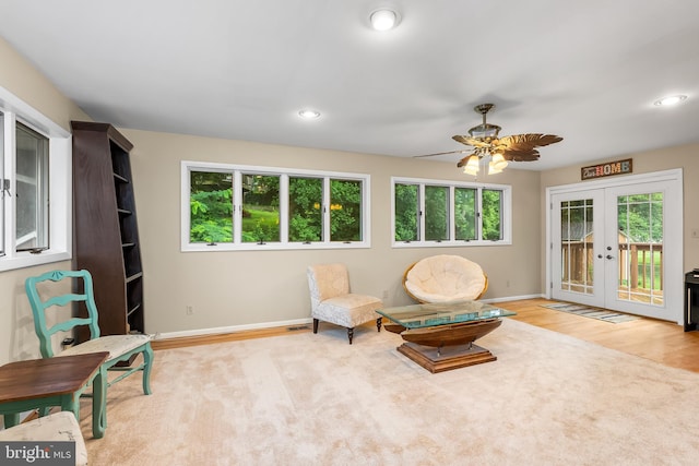 1157 Pine Tree Dr, Annapolis, MD 21409 - living area with french doors, a ceiling fan, wood finished floors, and recessed lighting