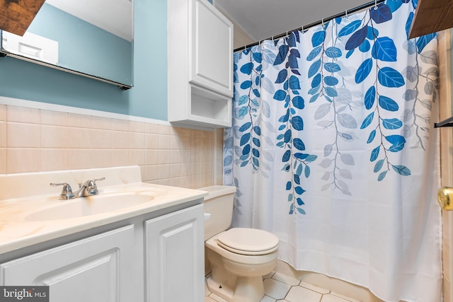 1157 Pine Tree Dr, Annapolis, MD 21409 - bathroom with tile patterned floors, vanity, backsplash, and a shower with shower curtain