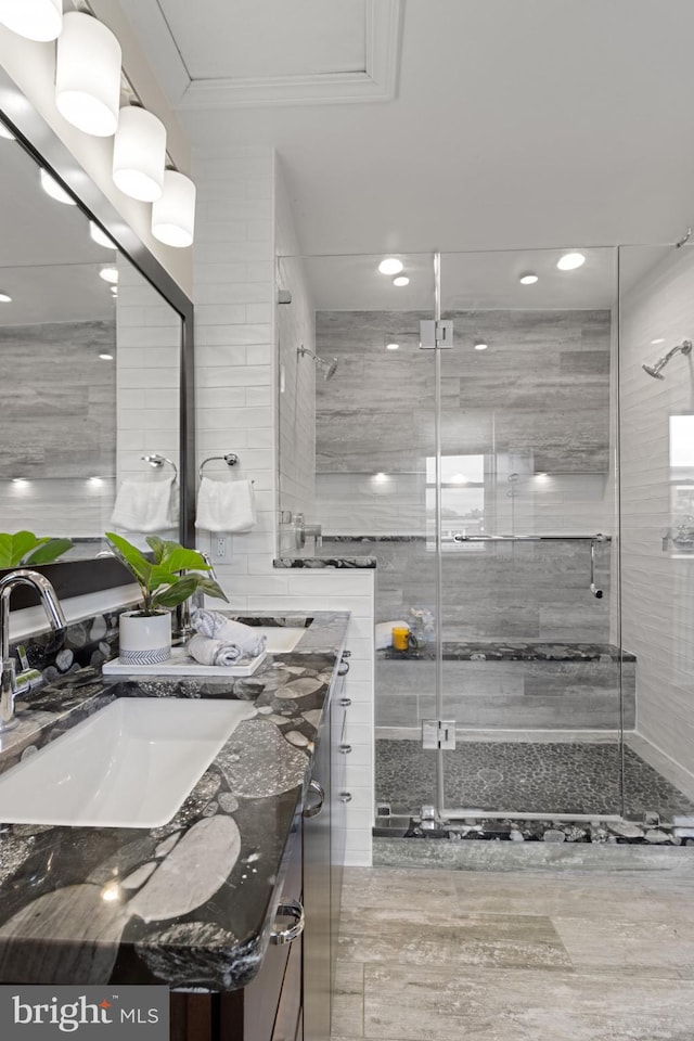 3551 13th St NW, Washington, DC 20010 - full bath featuring vanity, a shower stall, recessed lighting, and ornamental molding