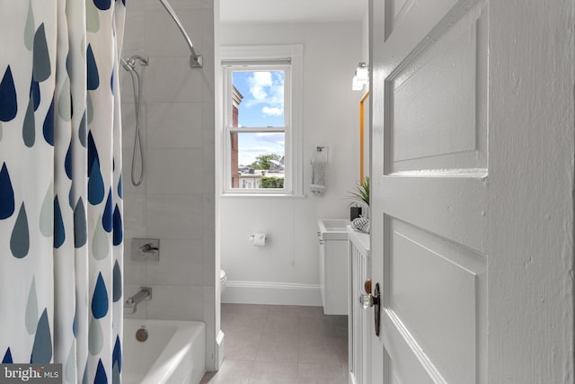 3551 13th St NW, Washington, DC 20010 - full bathroom with vanity, toilet, shower / tub combo with curtain, tile patterned flooring, and baseboards