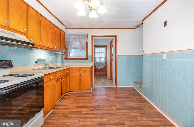 105 Ann St, Duncannon, PA 17020 - kitchen featuring white electric range oven, under cabinet range hood, a chandelier, a sink, and wood finished floors