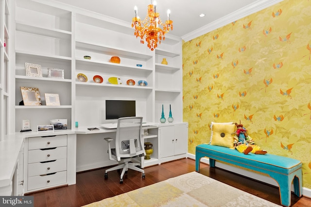 525 Belmont Bay Dr Unit 406, Woodbridge, VA 22191 - office area featuring wallpapered walls, dark wood-type flooring, a chandelier, crown molding, and baseboards