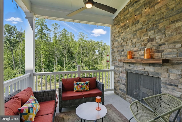 17941 Woods Overlook Dr, Dumfries, VA 22026 - view of patio featuring a ceiling fan and an outdoor living space with a fireplace
