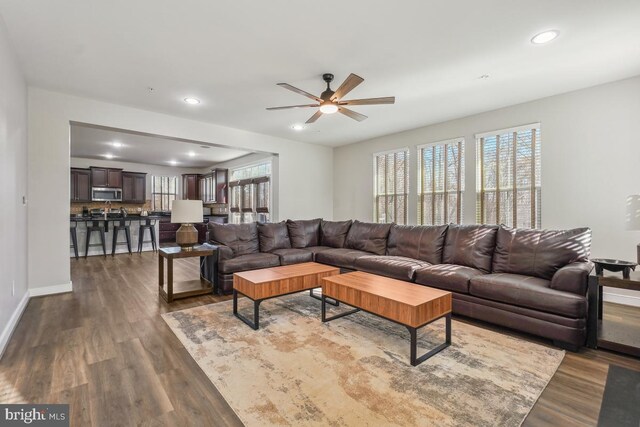 2305 Harmsworth Dr, Dumfries, VA 22026 - living area with ceiling fan, dark wood-style floors, baseboards, and recessed lighting