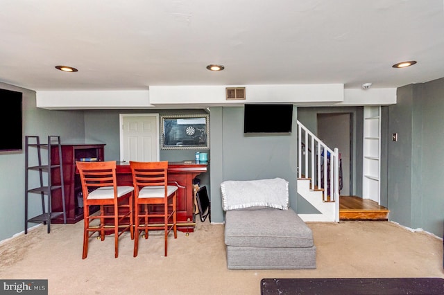 2410 Saint Clair Dr, Temple Hills, MD 20748 - carpeted dining area with stairway, a bar, and recessed lighting