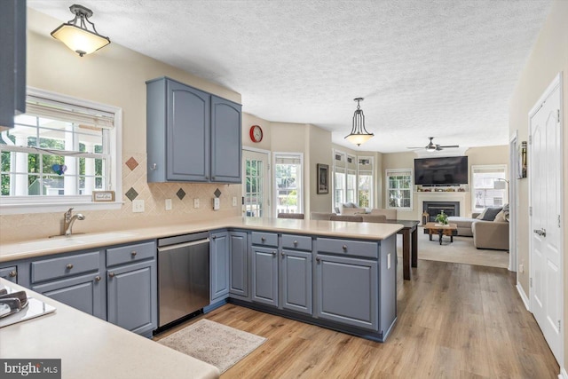 1104 Century Oak Dr, Fredericksburg, VA 22401 - kitchen featuring dishwasher, a sink, light wood-style flooring, ceiling fan, and a glass covered fireplace
