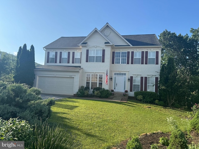 1421 Pickett Ct, Front Royal, VA 22630 - view of front facade with an attached garage, a front yard, concrete driveway, and roof with shingles