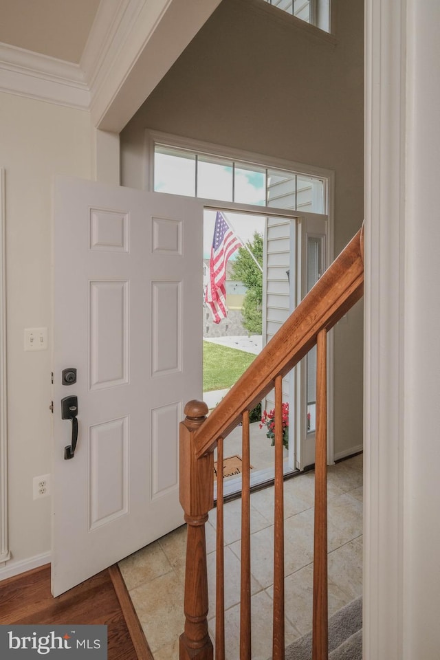 1421 Pickett Ct, Front Royal, VA 22630 - entrance foyer with crown molding and stairs