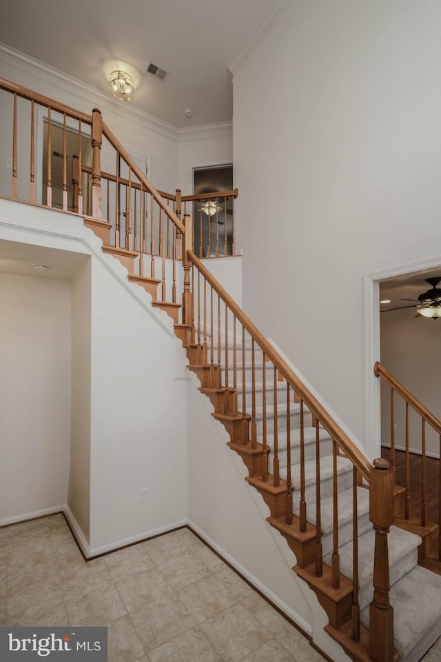1421 Pickett Ct, Front Royal, VA 22630 - stairs with ornamental molding, ceiling fan, and a high ceiling