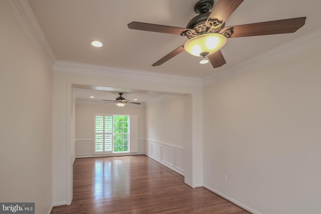 1421 Pickett Ct, Front Royal, VA 22630 - spare room with ceiling fan, crown molding, wood finished floors, a wainscoted wall, and a decorative wall