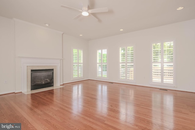 1421 Pickett Ct, Front Royal, VA 22630 - unfurnished living room featuring wood finished floors, ceiling fan, recessed lighting, and a high end fireplace