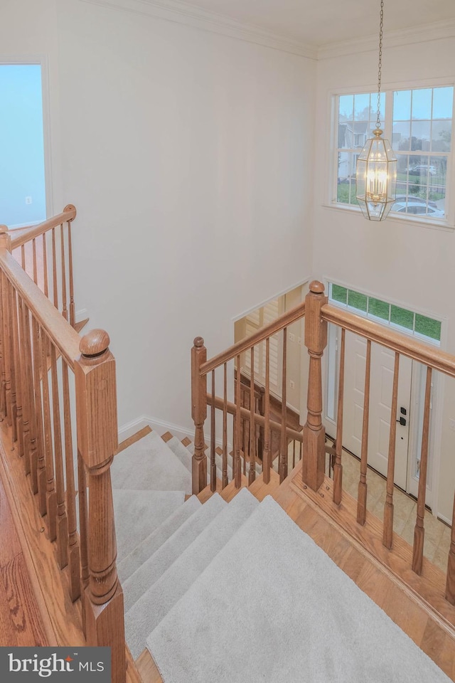 1421 Pickett Ct, Front Royal, VA 22630 - stairs with a chandelier, ornamental molding, and wood finished floors