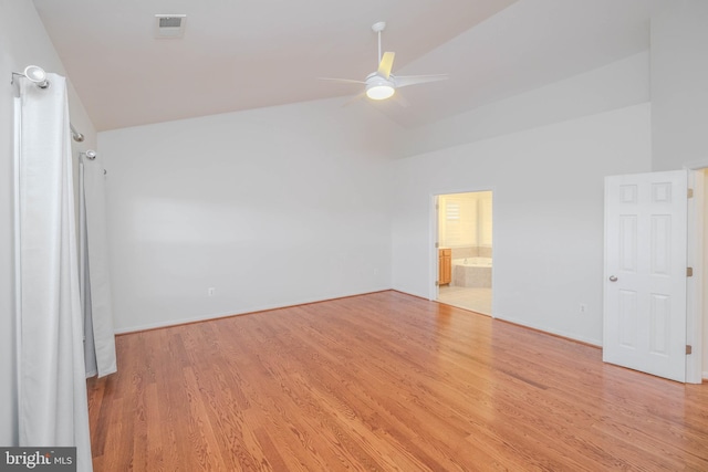 1421 Pickett Ct, Front Royal, VA 22630 - empty room featuring ceiling fan, wood finished floors, and high vaulted ceiling