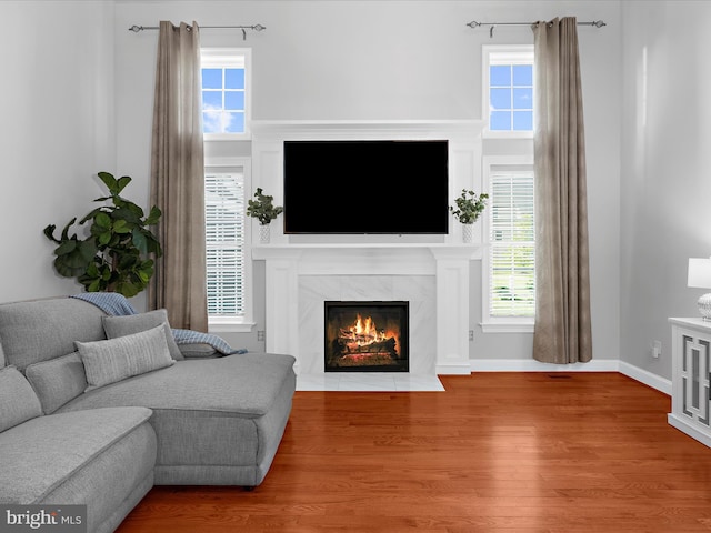 13801 Racetrack Field Ct, Bowie, MD 20720 - living area with a premium fireplace, wood finished floors, and baseboards