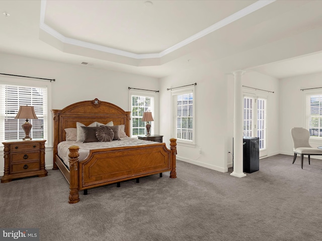 13801 Racetrack Field Ct, Bowie, MD 20720 - carpeted bedroom featuring a raised ceiling, ornamental molding, multiple windows, baseboards, and decorative columns