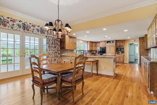 5190 Sugar Ridge Rd, Crozet, VA 22932 - dining room with light wood-style floors, ornamental molding, a chandelier, french doors, and recessed lighting