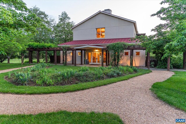 5190 Sugar Ridge Rd, Crozet, VA 22932 - rear view of property with a pergola, a chimney, and a lawn