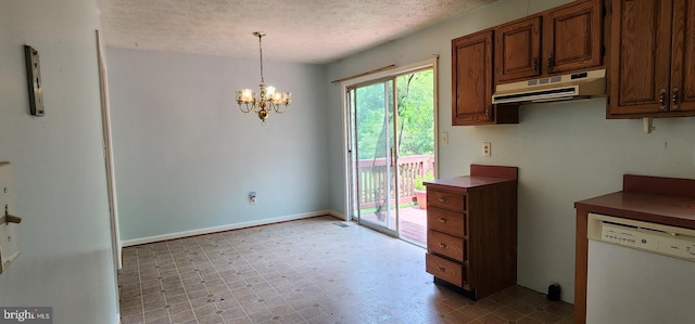 30120 Dudley Rd, Mechanicsville, MD 20659 - kitchen featuring dishwasher, a textured ceiling, under cabinet range hood, a chandelier, and pendant lighting