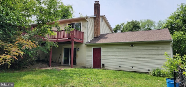 30120 Dudley Rd, Mechanicsville, MD 20659 - rear view of property featuring a chimney, a lawn, and a wooden deck
