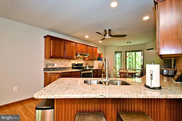 2415 Schaffer Rd, Pottstown, PA 19464 - kitchen with stainless steel range with electric cooktop, under cabinet range hood, a sink, a peninsula, and backsplash