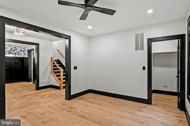 934 Chesterfield Rd, Annapolis, MD 21401 - empty room featuring stairs, a ceiling fan, light wood-style flooring, recessed lighting, and a smoke detector