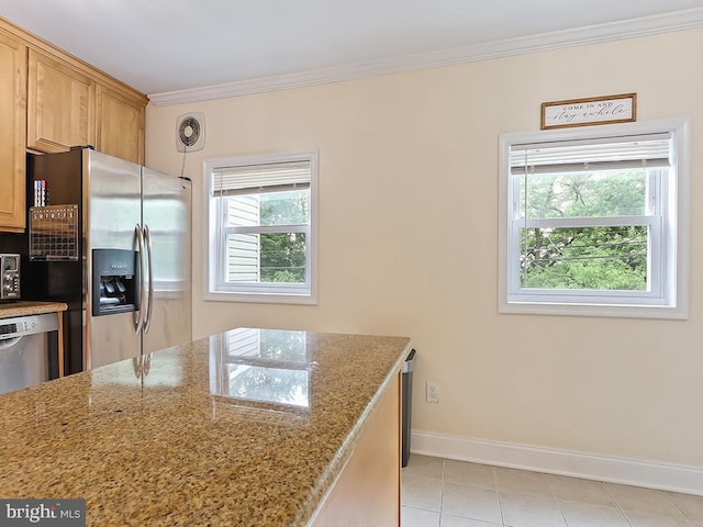 3721 S Hereford Ln, Philadelphia, PA 19114 - kitchen featuring appliances with stainless steel finishes, ornamental molding, baseboards, light stone countertops, and light tile patterned floors