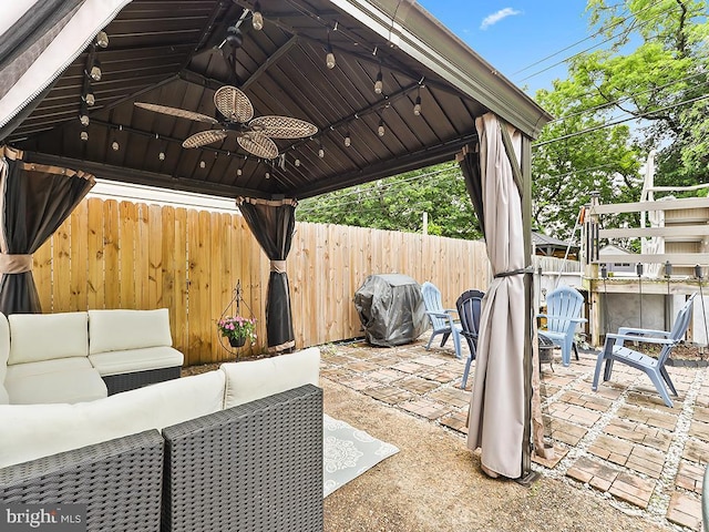 3721 S Hereford Ln, Philadelphia, PA 19114 - view of patio / terrace with outdoor lounge area, a ceiling fan, grilling area, and a gazebo