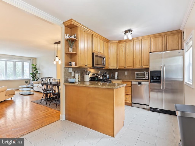 3721 S Hereford Ln, Philadelphia, PA 19114 - kitchen featuring appliances with stainless steel finishes, open shelves, tasteful backsplash, open floor plan, and light tile patterned floors