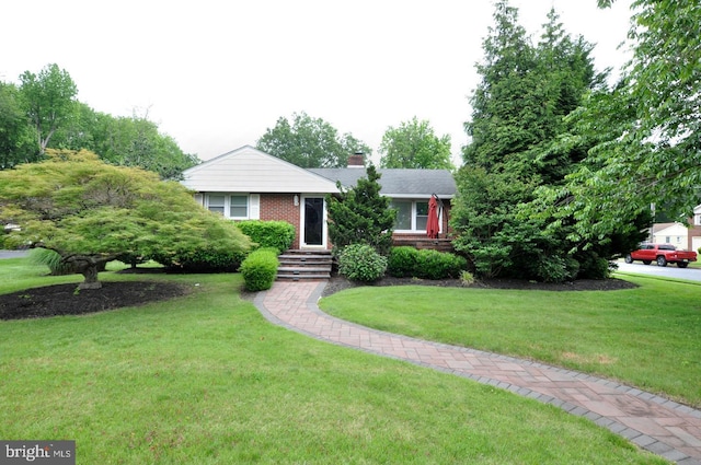 628 Mercer St, Cherry Hill, NJ 08002 - ranch-style home with a chimney, a front lawn, and brick siding
