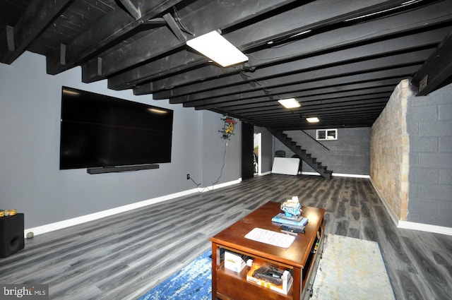 628 Mercer St, Cherry Hill, NJ 08002 - living room featuring wood finished floors, baseboards, stairway, and concrete block wall